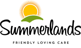 Logo with a sun rising over a hill, text reads “Summerlands Friendly Loving Care.”