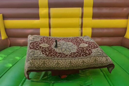 Inflatable ride with a magic carpet design on green and brown bouncy floor, outdoors with trees in background.