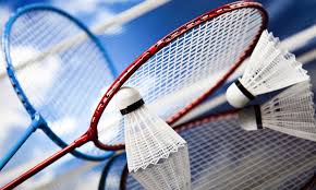 Two badminton rackets and two shuttlecocks close up with a net in the background.